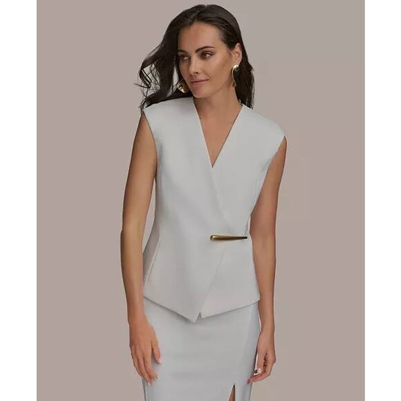 DONNA KARAN New York Women's V-Neck Gold Hardware-Trim Vest - Picture 3 of 11